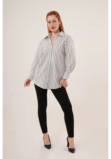 Çift Çizgi Geçişli Düğmeli Gri Gömlek Gri