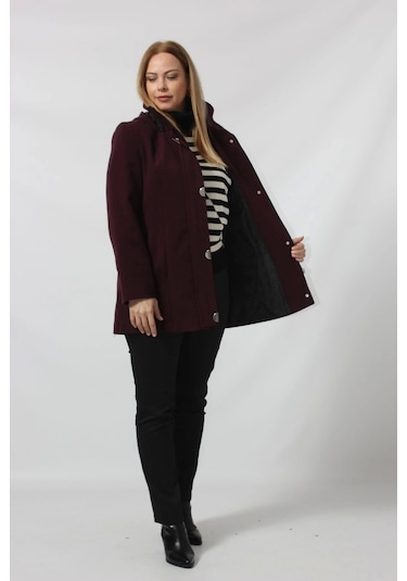 Moda Berray Önü Fermuarlı Ve Düğme Detaylı Kapüşonlu Kaşe Kaban Bordo