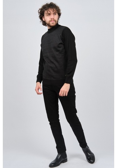 Çizgi Triko Erkek Yarım Balıkçı Yaka Desenli Kazak 42564225 Siyah Siyah