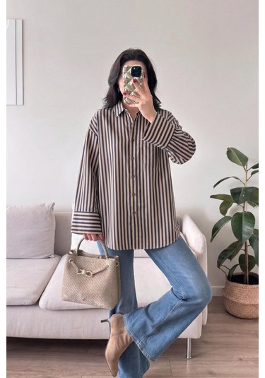Lijuri Çizgili Oversize Basic Gömlek 3504 Bej