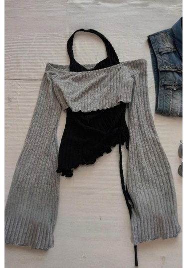 Gri Boyundan Bağlamalı Omuz Açık Y2k Uzun Kollu Crop-18329 Gri