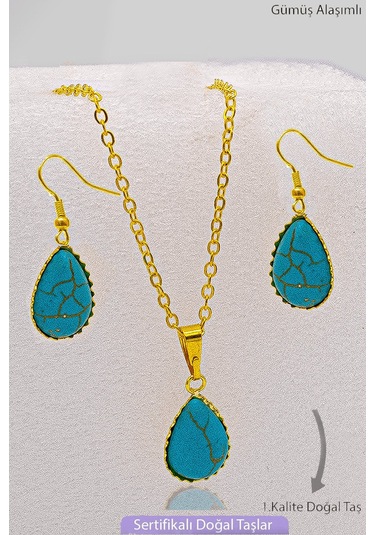 Sertifikalı Damla Tırnaklı Model Firuze Taşı Kolye Ve Küpe Seti - Çok Renkli