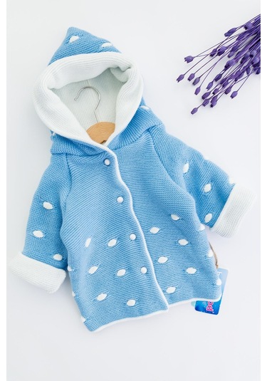 Kapüşonlu Mavi Erkek Bebek Çift Katlı Triko Hırka 001