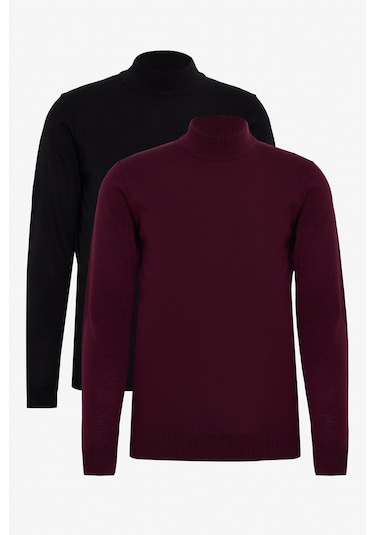 Erkek Bordo Sıyah 2'li Paket Standart Fit Normal Kesim Yarım Balıkçı Yaka Basic Triko Kazak Bordo Sıyah