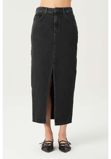 Antrasit Normal Bel Patı Fermuarlı Yırtmaçlı Maxi Jean Etek C 4532-049
