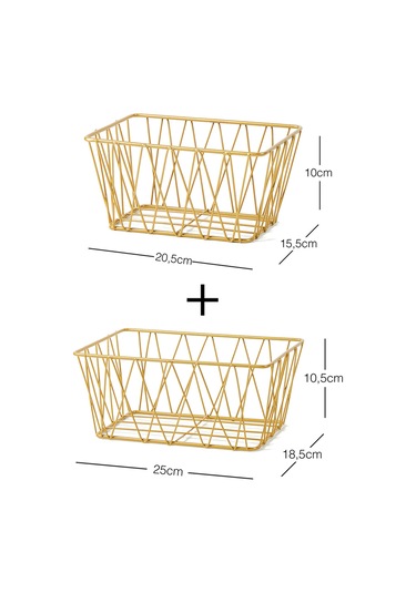 Ocean Home Textile 2'li Altın Renk Metal Sepet Set 25 x 18.5 x 10.5 / 20.5 x 15.5 x 10 cm