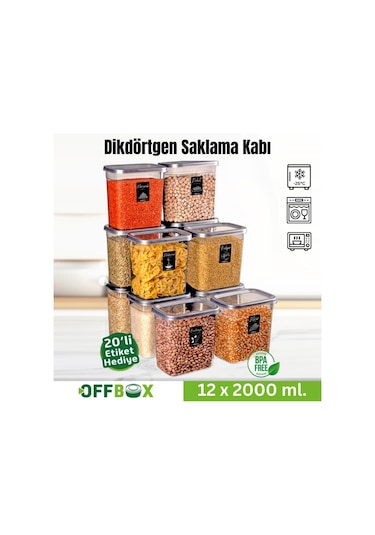Offbox Dikdörtgen Bakliyat Baharat Gıda Saklama Kabı - 2 Lt. - 12 Adet Antrasit Şeffaf