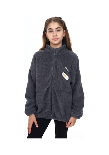 Toontoy Kız Çocuk Nakışlı Peluş Hırka Füme