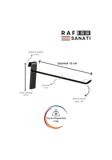 Siyah Tel Pano Kancası 15 Cm - Askı Kanca Raf Askısı Raf Aksesuar Siyah