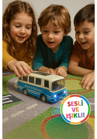 Nostaljik Halk Otobüsü 11 Cm Pilli Sesli Işıklı Kapısı Açılır Yumuşak Tekerlekli - Mavi