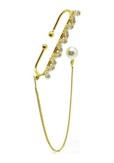 İnci Küpeli Zincirli Çelik Kıkırdak Küpe Gold