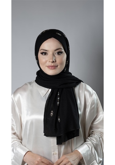 Siyah Pratik Hazır Geçmeli Tesettür Şal Örme Kumaş Taşlı Çiçek Desenli 2118c 01