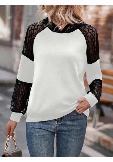 Kadın Uzun Kollu Dantelli Kapşonlu Viskon Iki Iplik Bluz Beyaz