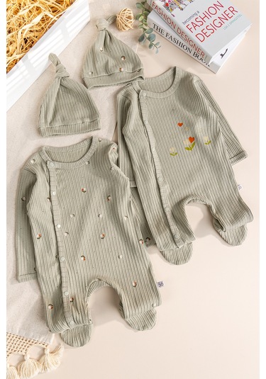 Babymod Çiçek Desenli Şapkalı 2'li Pamuklu Kız Bebek Tulum Set Yeşil