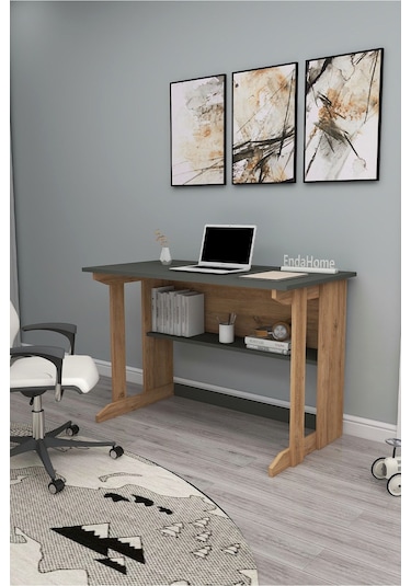 Enda Home Pillar Kütüphaneli Geniş Çalışma Masası 100x56 Cm Çam - Antrasit Çam - Gri