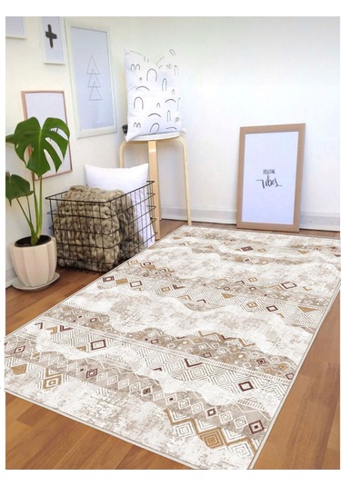 Krem Dijital Baskı Salon Halısı Kaymaz Tabanlı Yıkanabilir Halı Yolluk 532 Krem