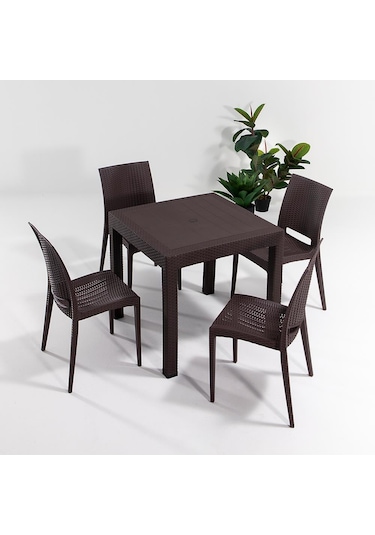 Rattan 80x80 Camsız Kahve Masa / 4 Adet Rattan Kolsuz Sandalye Takımı Kahve