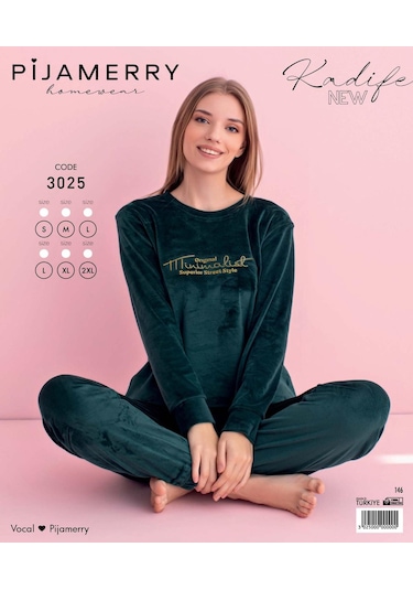 Pijamerry Kadın Kışlık Bisiklet Yaka Kadife Pijama Takımı 3025p - 1 Adet Petrol