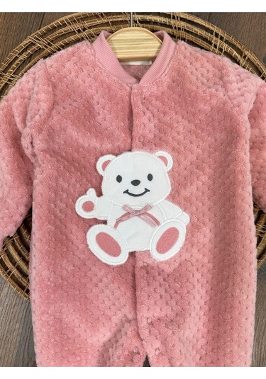 Peluş Ayıcık Nakışlı Patikli Çıtçıtlı Kışlık Erkek Bebek Tulum Pembe