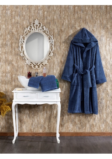 Finezza Luna %100 Pamuk Bornoz Seti Lacivert 3 Parça - 806 Çok Renkli