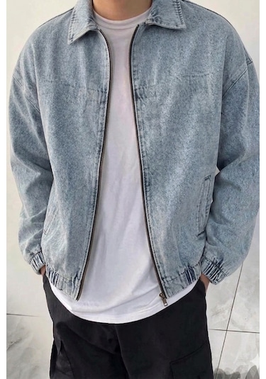 Tarz Cool Erkek Oversize Bomber Ceket Fermuarlı Basic Günlük Şık Mont Buz Mavi