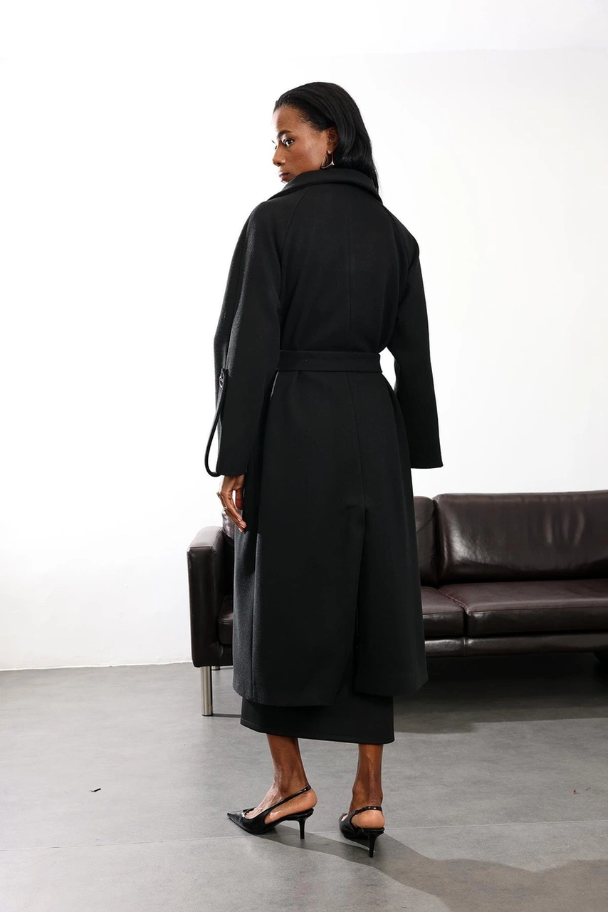 Siyah Kuşaklı Kaşe Palto 1146 Siyah