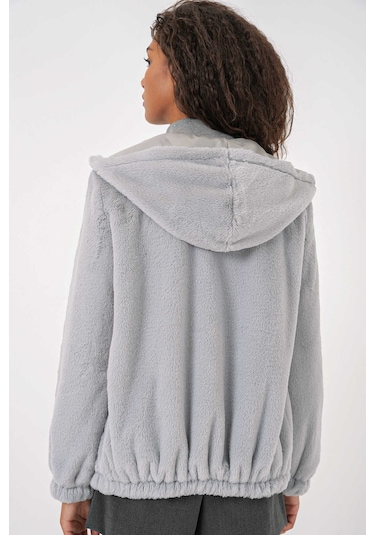 Gabria Kapüşonlu Pelüş Mont Açık Gri