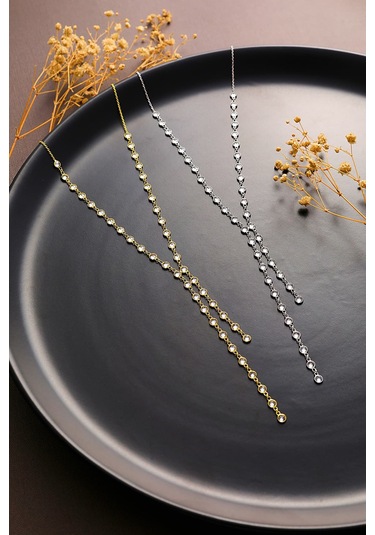 Queen Silver Jewelry 925 Ayar Gümüş Zirkon Taşlı Tamtur 2 Li Y Kolye Altın