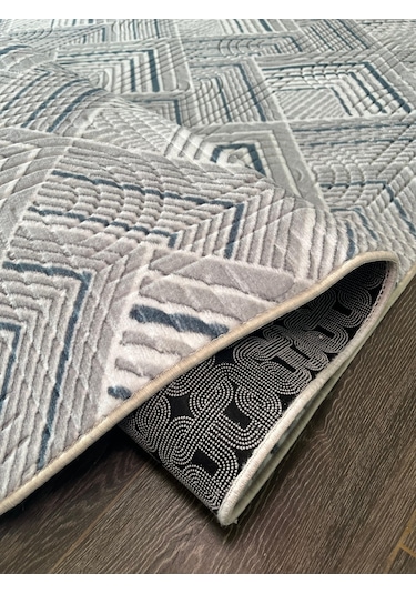 Konak Halı Modern Salon Halısı 3d Geometrik Desenli Gri Emboss Saçaklı Kaymaz Taban Açık Gri