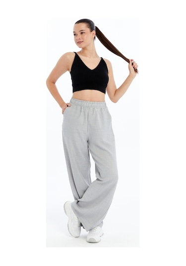 Genius Store Kadın Pantolon Keten Karışımlı Beli Lastikli Kırışmaz Kumaş Pantolon Keten-pantolon Gri