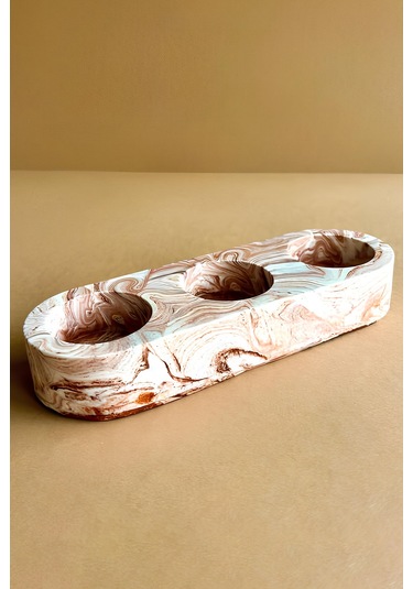 Kahverengi Mermer Desenli 3 Gözlü Beton Mumluk Minimalist Tealight Ve Dekoratif Şamdan Kahverengi