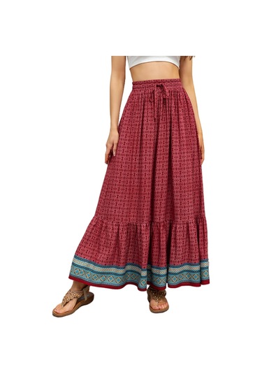 Kadın Bohem Retro Baskılı Salıncak Etek Kırmızı