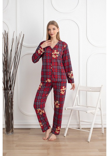Kadın Mevsimlik Pamuklu Penye Pijama Takımı Önden Düğmeli Ekose