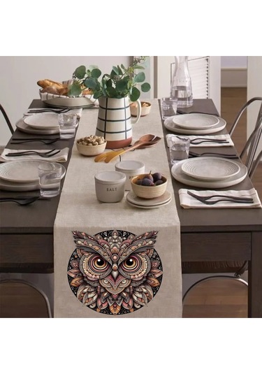 Renkli Baykuş Runner, Runer, Masa Örtüsü, Sofranıza Zarafet Katın Runner, Masa Örtüsü Krem