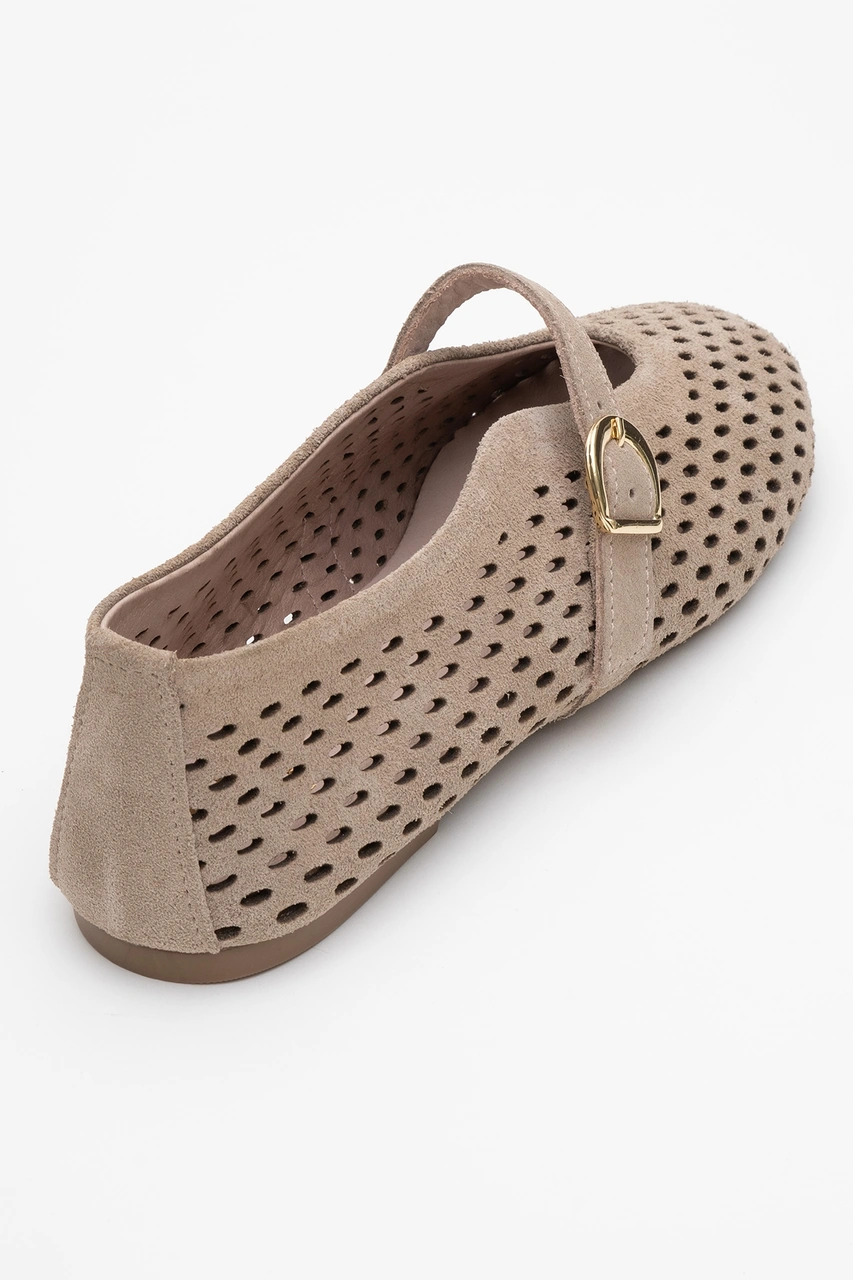 Arian Bej Süet Hakiki Der Delikli Kadın Babet Ayakkabı Bej Süet