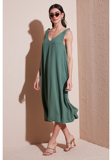 Lela Oversize Fit V Yaka Midi Boy Basic Bayan Elbise 6788688 Haki