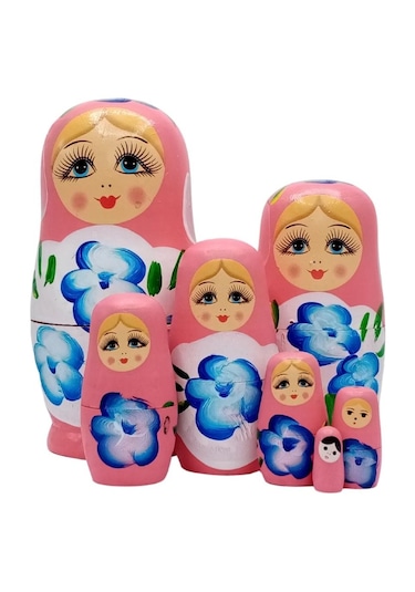 Mobgift Ahşap Tombul Iç Içe Matruşka Bebek 7li Set Pembe