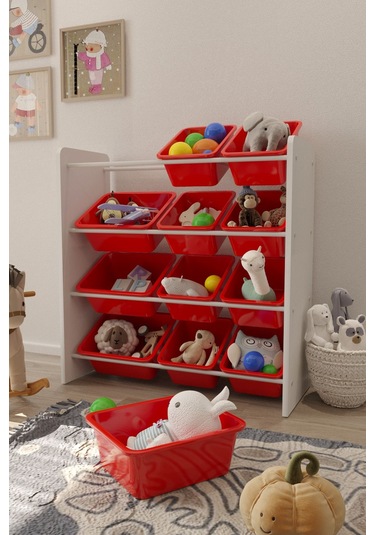12 Sepetli Çok Amaçlı Oyuncak Dolabı Montessori Dolap Kırmızı