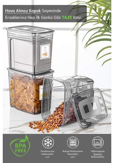 Meleni Home 3 Adet 5,5 Litre Mega Boy Lena Erzak Kabı - Kapaklı Un Ve Bakliyat Saklama Kabı - Malzeme Kutusu