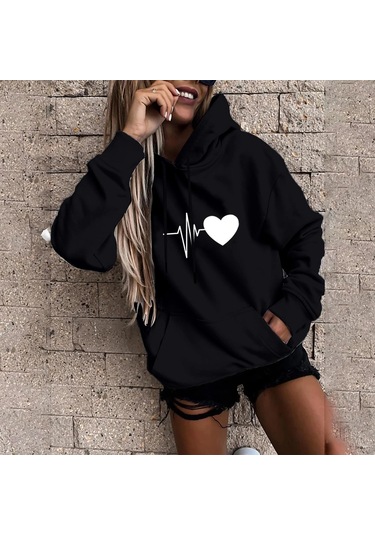 Siyah Fo Kadın Moda Rahat Eğlenceli Baskı Kapşonlu Kazak Gevşek Spor Üstleri Kazak Siyah