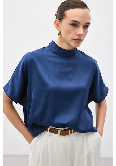 Sateen Yarasa Kol Salaş Bluz - İndigo-137383