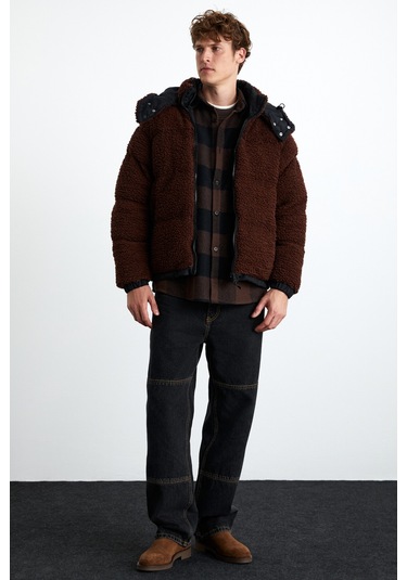 Vancuover Erkek Peluş Kumaşlı Çok Kalın Şişme Dış Giyim Casual Kahverengi Mont