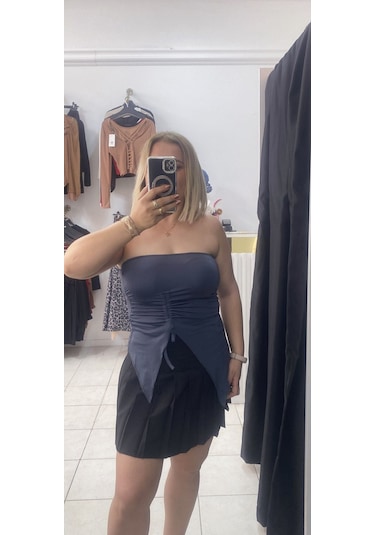 Tuba Toptaş Straplez Bluz Büzgülü Gri