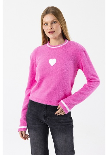 Giysa Kadın Bisiklet Yaka Kalp Detaylı Triko Kazak Pembe - 2358 Pembe