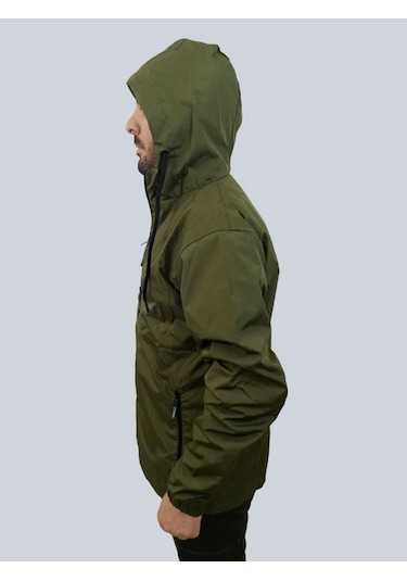 Erkek Kapüşonlu File Detaylı Haki Yağmurluk Haki