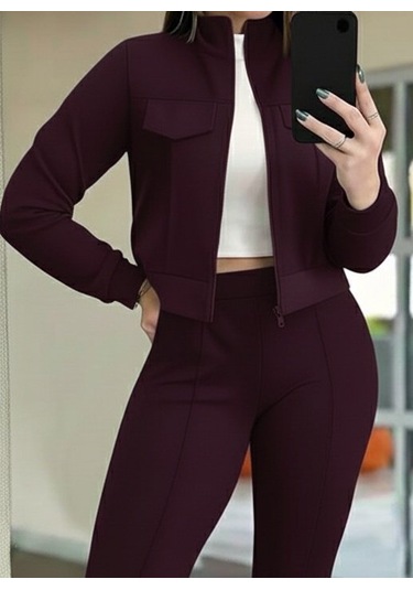 S-pazarım Kadın Uzun Kollu Önden Fermuarlı Kısa Modal Mor Ceket Ve Pantolon Ikili Takım Bordo