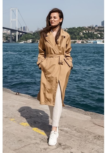 Düğmeli Kemerli Uzun Klasik Trençkot 2115 Camel