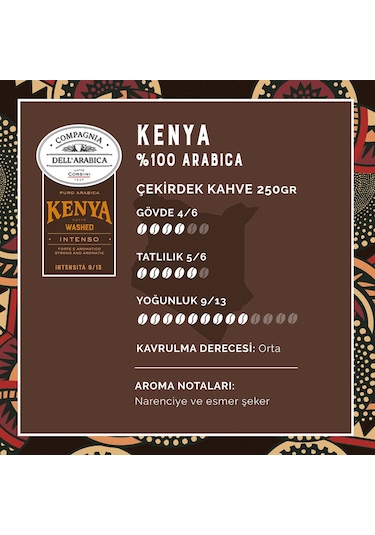 Caffe Corsini Kenya %100 Arabica Çekirdek Kahve 250 G