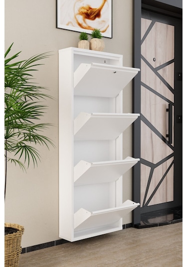 Kilitli 4 Kapaklı Metal Ayakkabılık Beyaz Beyaz