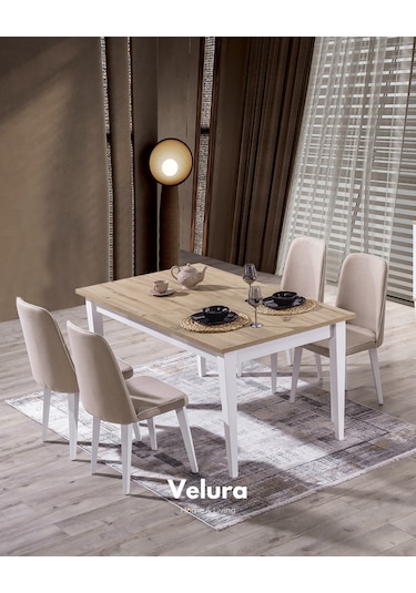 Legna Yemek Odası Takımı Yemek Masası + 4 Adet Sandalye Beyaz - Açık Ceviz